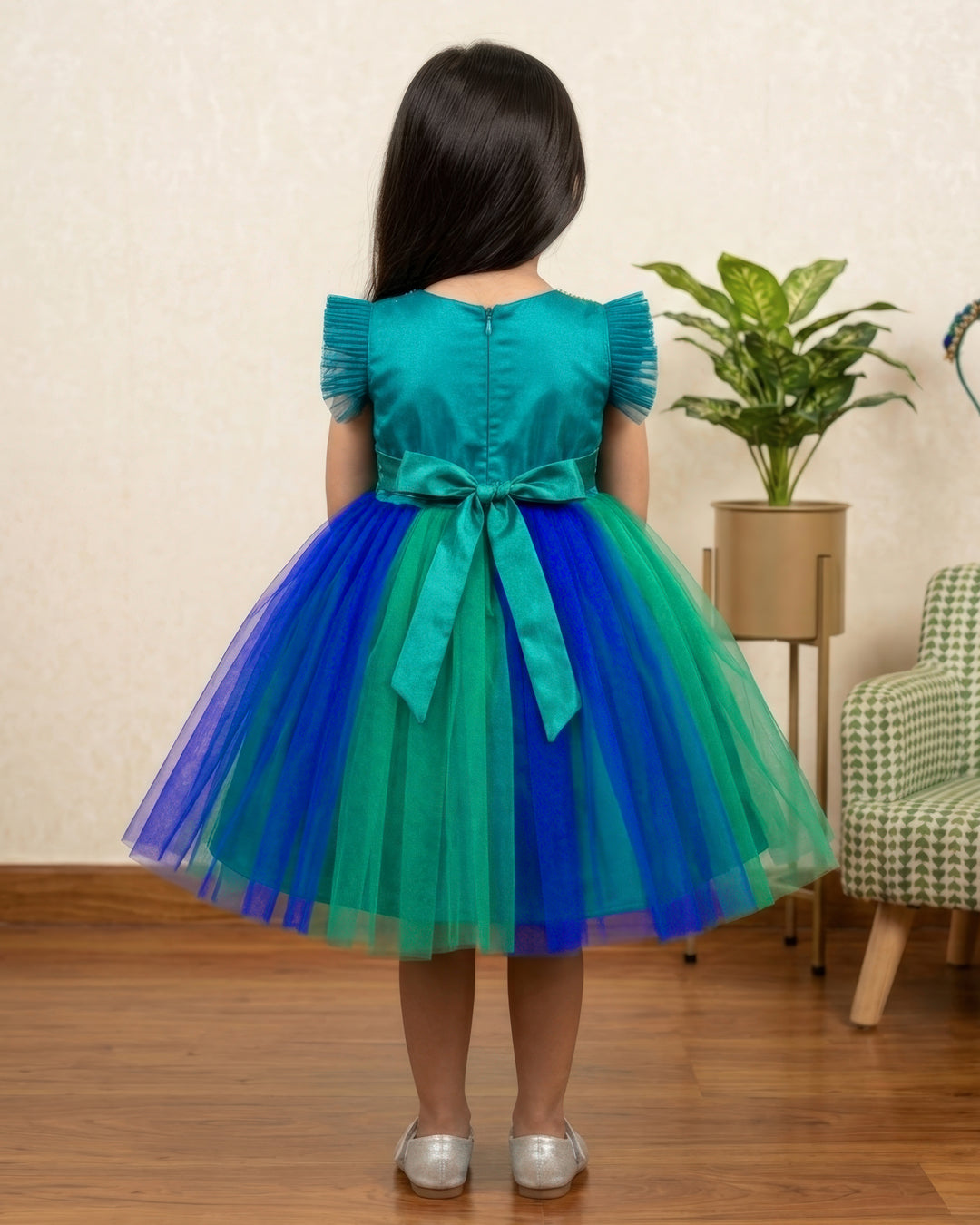 Peacock  Shade Handwork Flower Frock