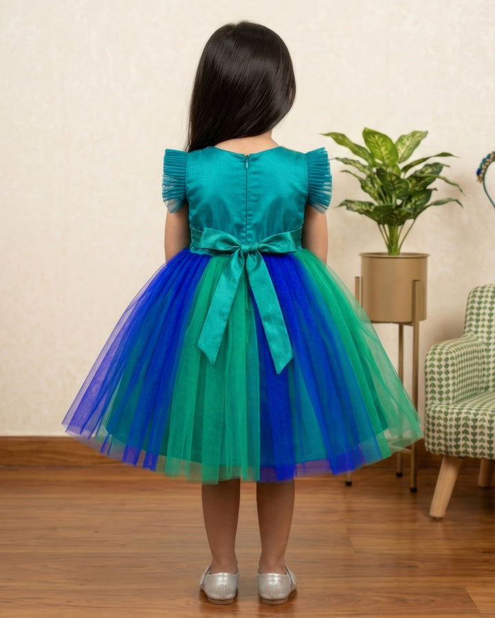 Peacock  Shade Handwork Flower Frock