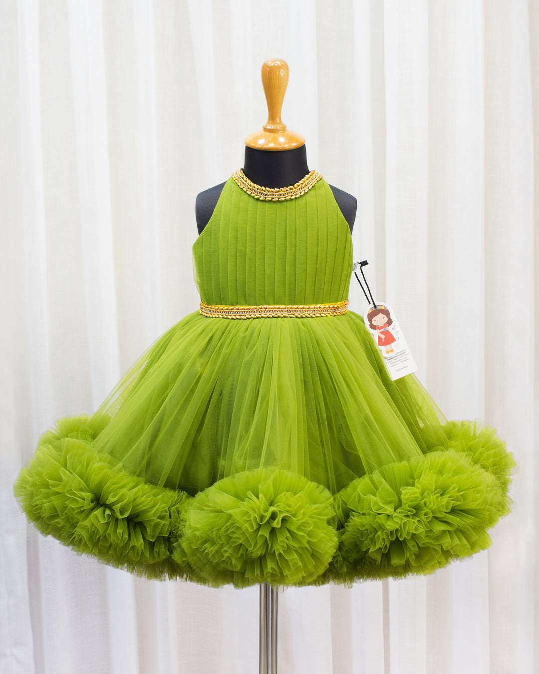 Pea green ruffled birthday dress for baby girls, halter neck pleated frock, partywear outfit by Stanwells Kids