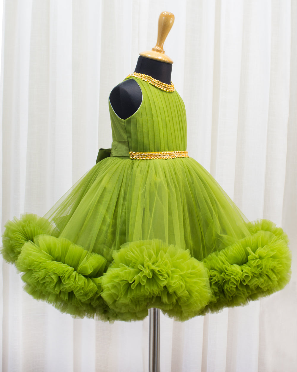 Pea green ruffled birthday dress for baby girls, halter neck pleated frock, partywear outfit by Stanwells Kids
