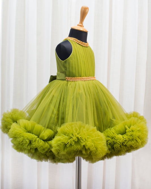 Peagreen Pleated Halter Neck Ruffled Frock. -Sample