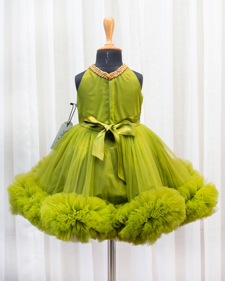 Peagreen Pleated Halter Neck Ruffled Frock. -Sample