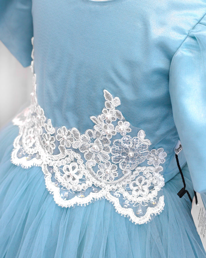 Pearl blue applique handwork Cinderella gown, baby girls birthday dress, premium kids party wear, designer gown for baby girl, Stanwells Kids dress