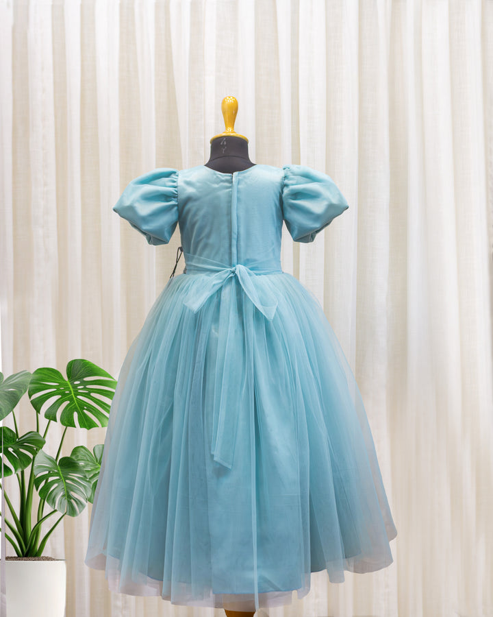 Pearl blue applique handwork Cinderella gown, baby girls birthday dress, premium kids party wear, designer gown for baby girl, Stanwells Kids dress