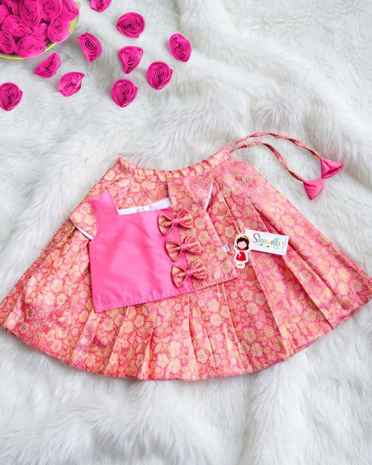 Pink Banarasi brocade silk Onam special lehenga choli for baby girl – front view, Stanwells Kids