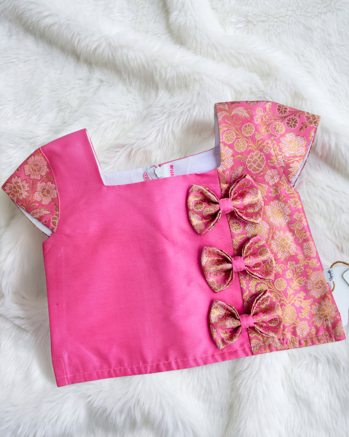 Bow yoke and cap sleeve detail on pink Banarasi silk lehenga blouse – Stanwells Kids