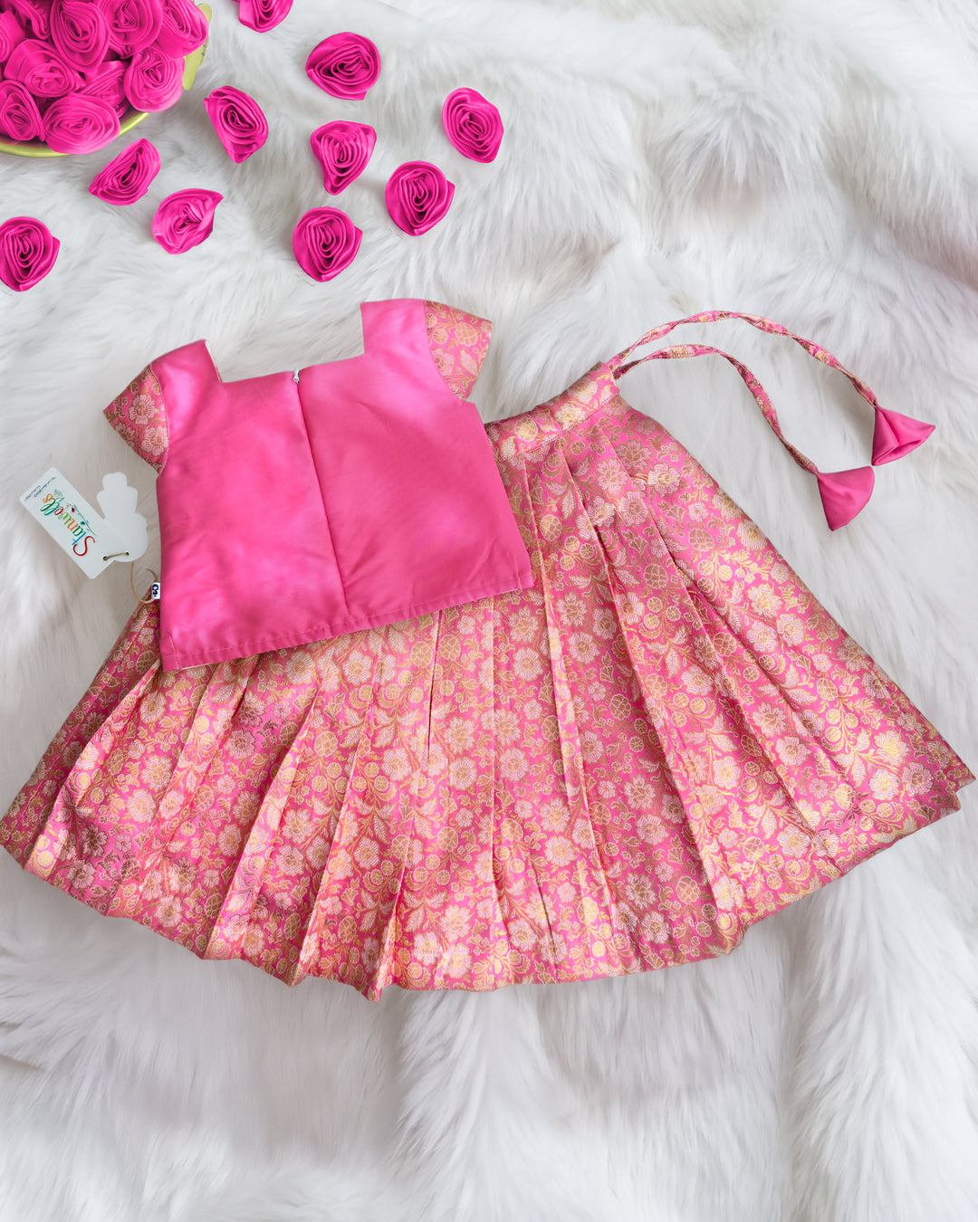 Traditional pink Banarasi silk Onam lehenga choli for baby girl 3 months to 7 years – Stanwells Kids