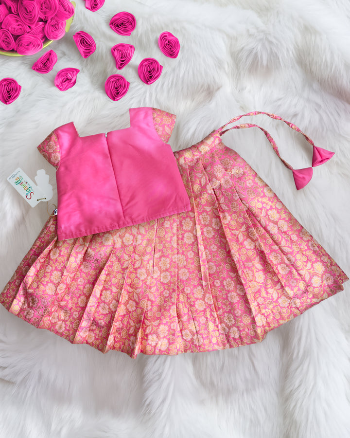 Traditional pink Banarasi silk Onam lehenga choli for baby girl 3 months to 7 years – Stanwells Kids