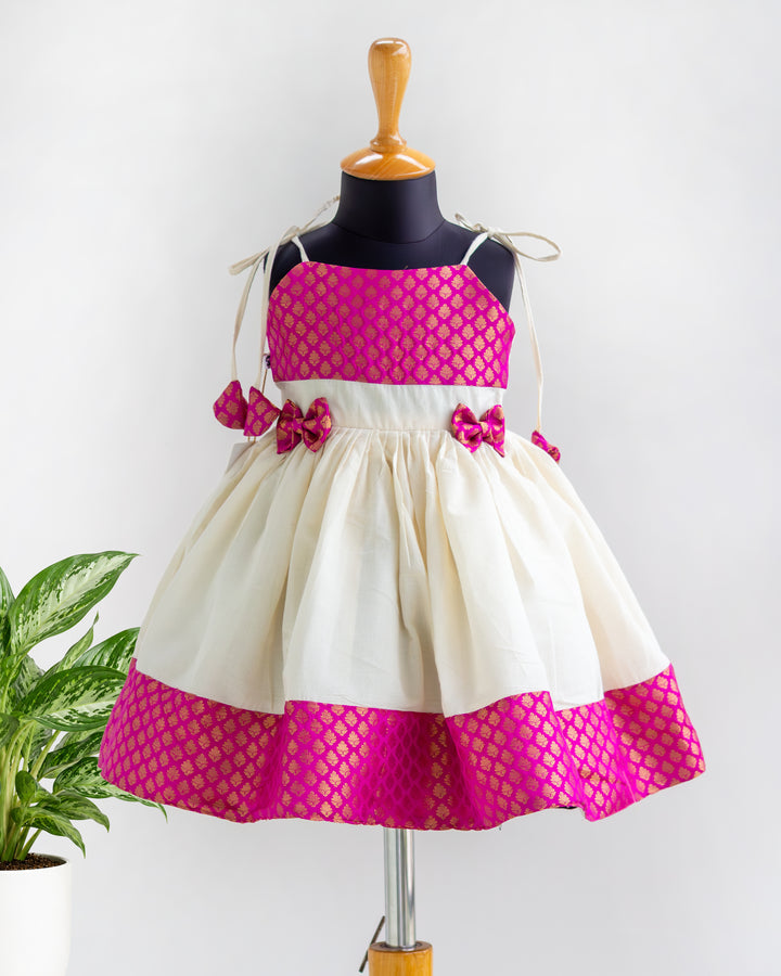 Pink brocade Onam special bow Kettuduppu frock for baby girl – Stanwells Kids