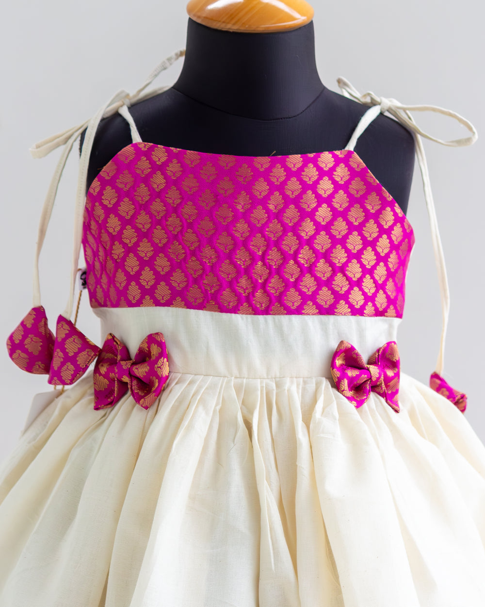 Kerala tissue pink brocade Kettuduppu frock with tie-on-shoulder – Stanwells Kids