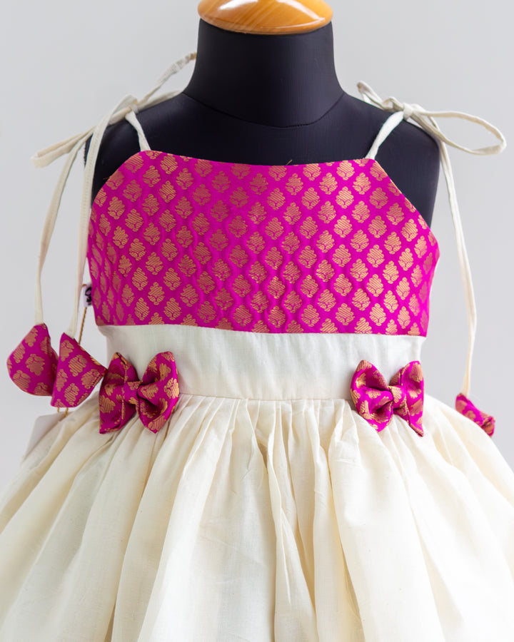 Kerala tissue pink brocade Kettuduppu frock with tie-on-shoulder – Stanwells Kids