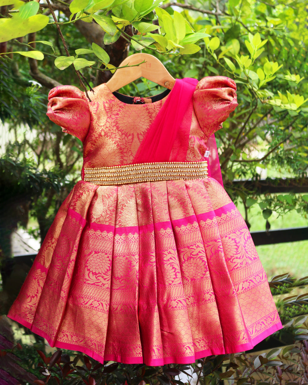 Pink Jacquard Handwork Silk Frock – Ethnic Partywear Birthday Dress for Baby Girls by Stanwells Kids