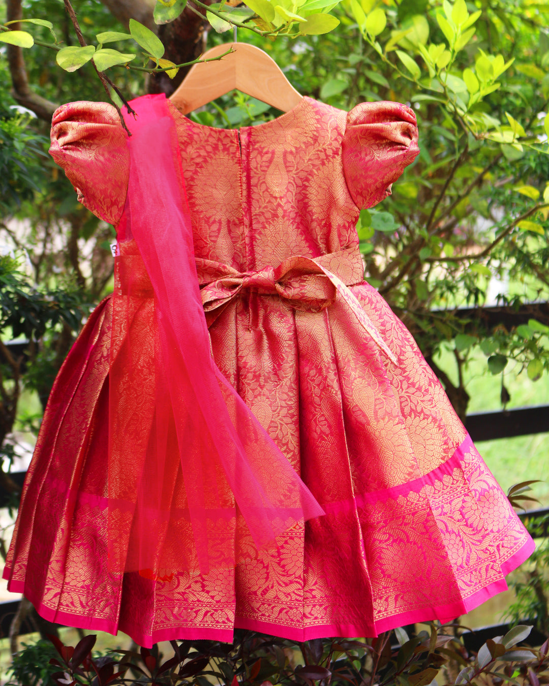 Pink Jacquard Handwork Silk Frock – Ethnic Partywear Birthday Dress for Baby Girls by Stanwells Kids