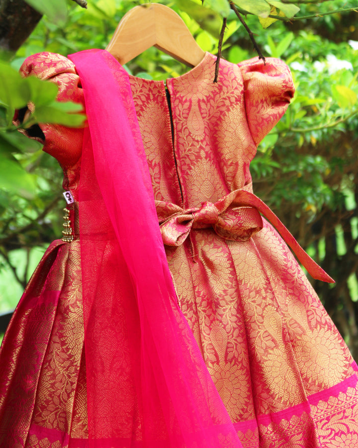 Pink Jacquard Handwork Silk Frock – Ethnic Partywear Birthday Dress for Baby Girls by Stanwells Kids