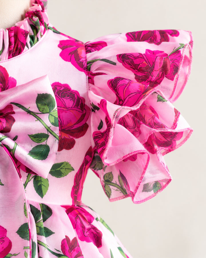 Soft Chiffon Wavy Frock – Pink Rose Print – Baby Girl Party Wear – Stanwells Kids