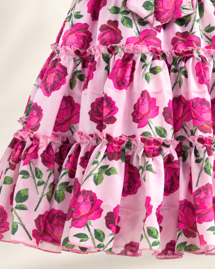 Pink Rose Floral Frock with Wavy Hem – Festive Wear for Girls – Stanwells Kids