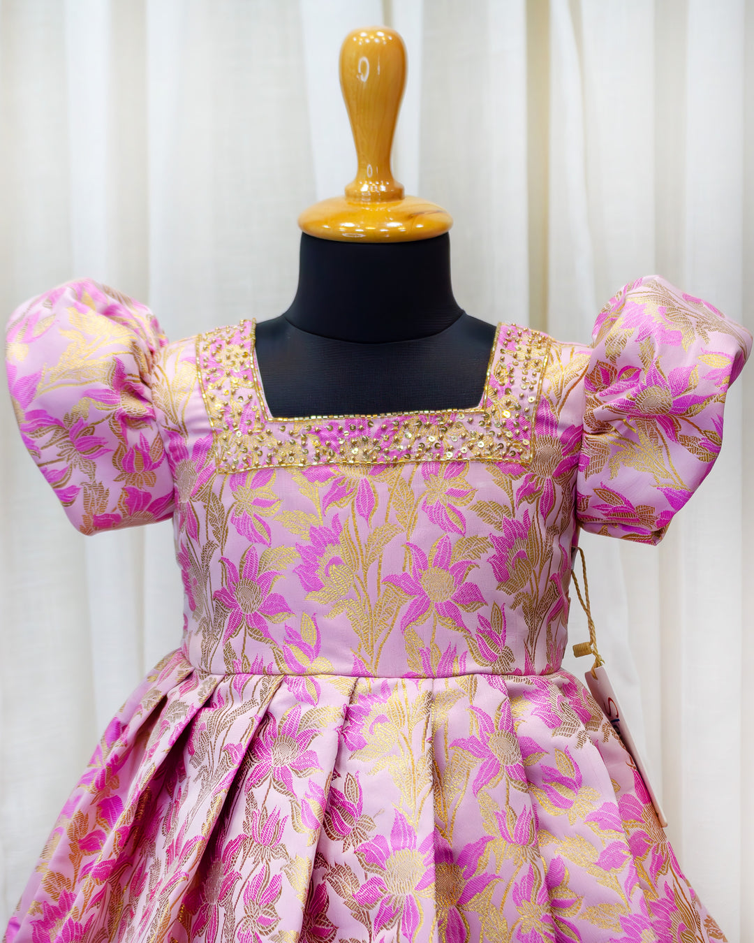 Pink shade designer brocade floral handwork baby girls birthday dress, premium partywear frock for kids, Stanwells Kids