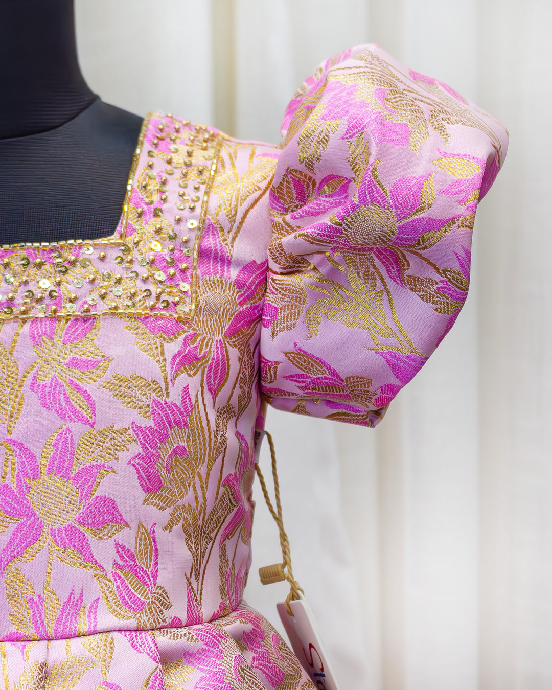 Pink shade designer brocade floral handwork baby girls birthday dress, premium partywear frock for kids, Stanwells Kids