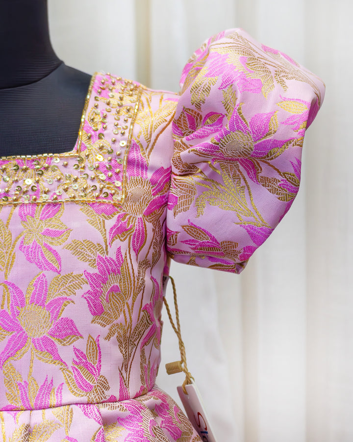 Pink shade designer brocade floral handwork baby girls birthday dress, premium partywear frock for kids, Stanwells Kids