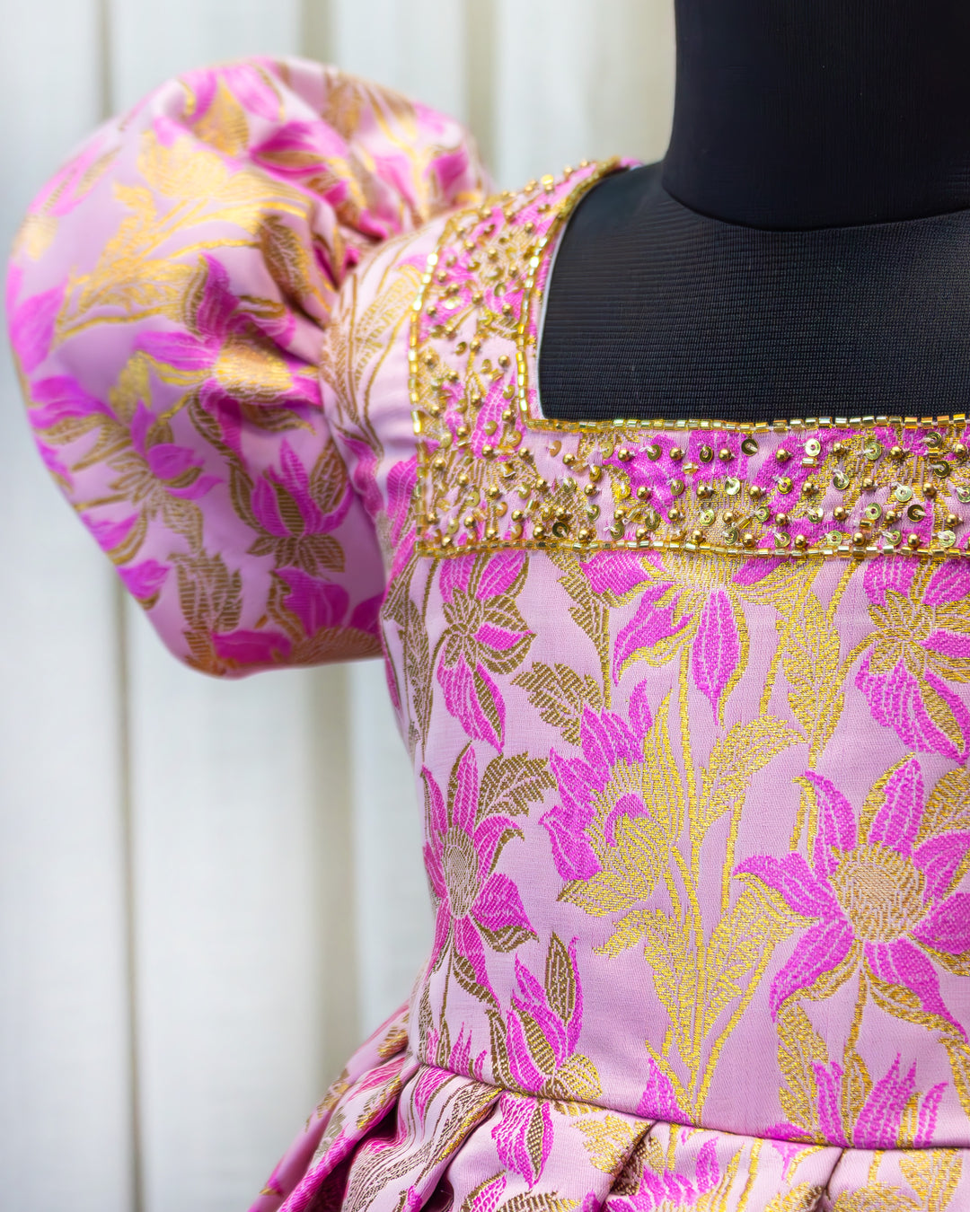 Pink shade designer brocade floral handwork baby girls birthday dress, premium partywear frock for kids, Stanwells Kids