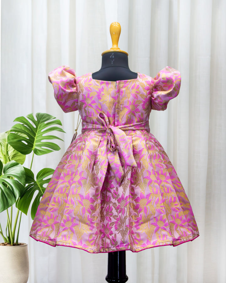 Pink shade designer brocade floral handwork baby girls birthday dress, premium partywear frock for kids, Stanwells Kids