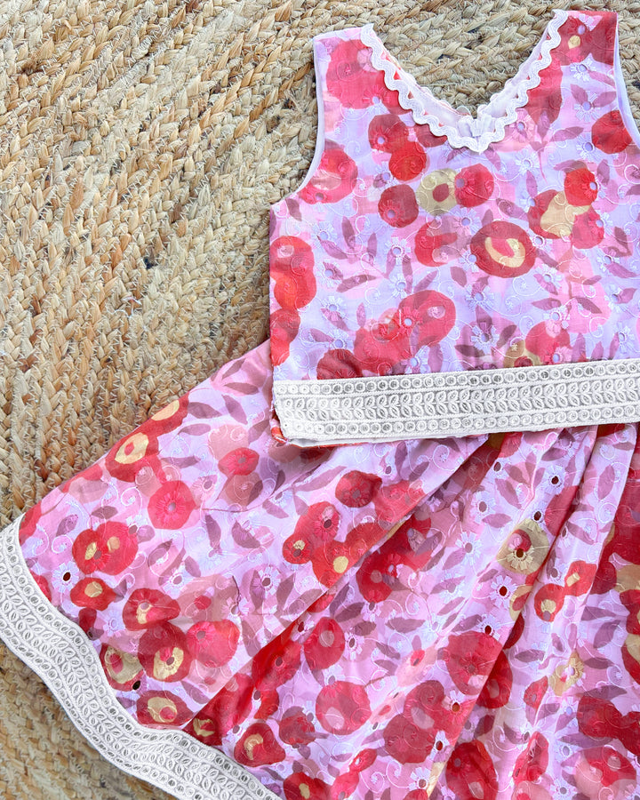 Pink Floral Cotton Hakoba Lehenga Choli – Baby Girl Birthday Dress