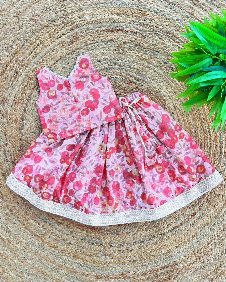 Pink Floral Cotton Hakoba Lehenga Choli – Baby Girl Birthday Dress