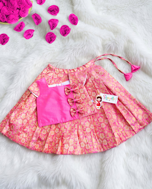 Pink Banarasi brocade silk Onam special lehenga choli for baby girl – front view, Stanwells Kids