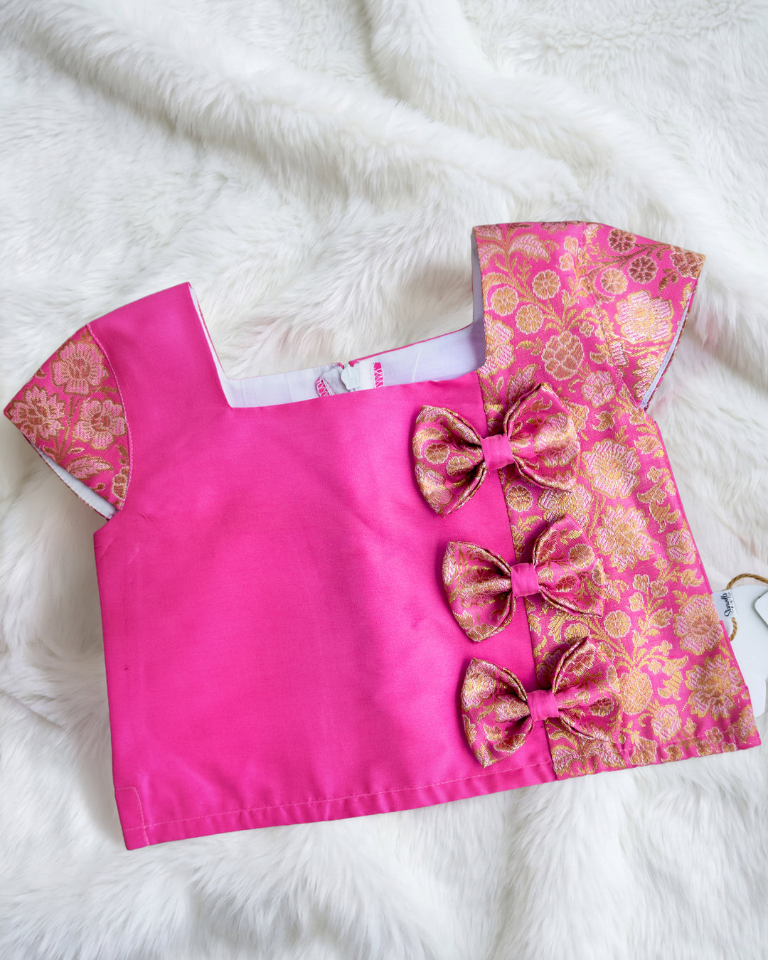 Pink Banarasi brocade silk Onam special lehenga choli for baby girl – front view, Stanwells Kids