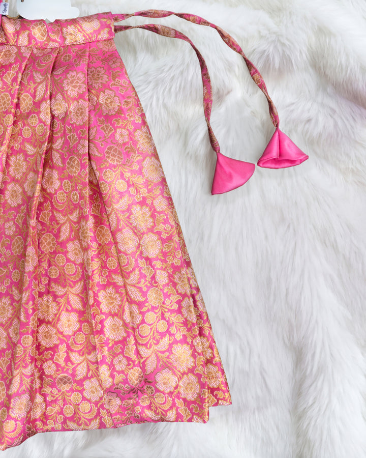 Pink Banarasi brocade silk Onam special lehenga choli for baby girl – front view, Stanwells Kids