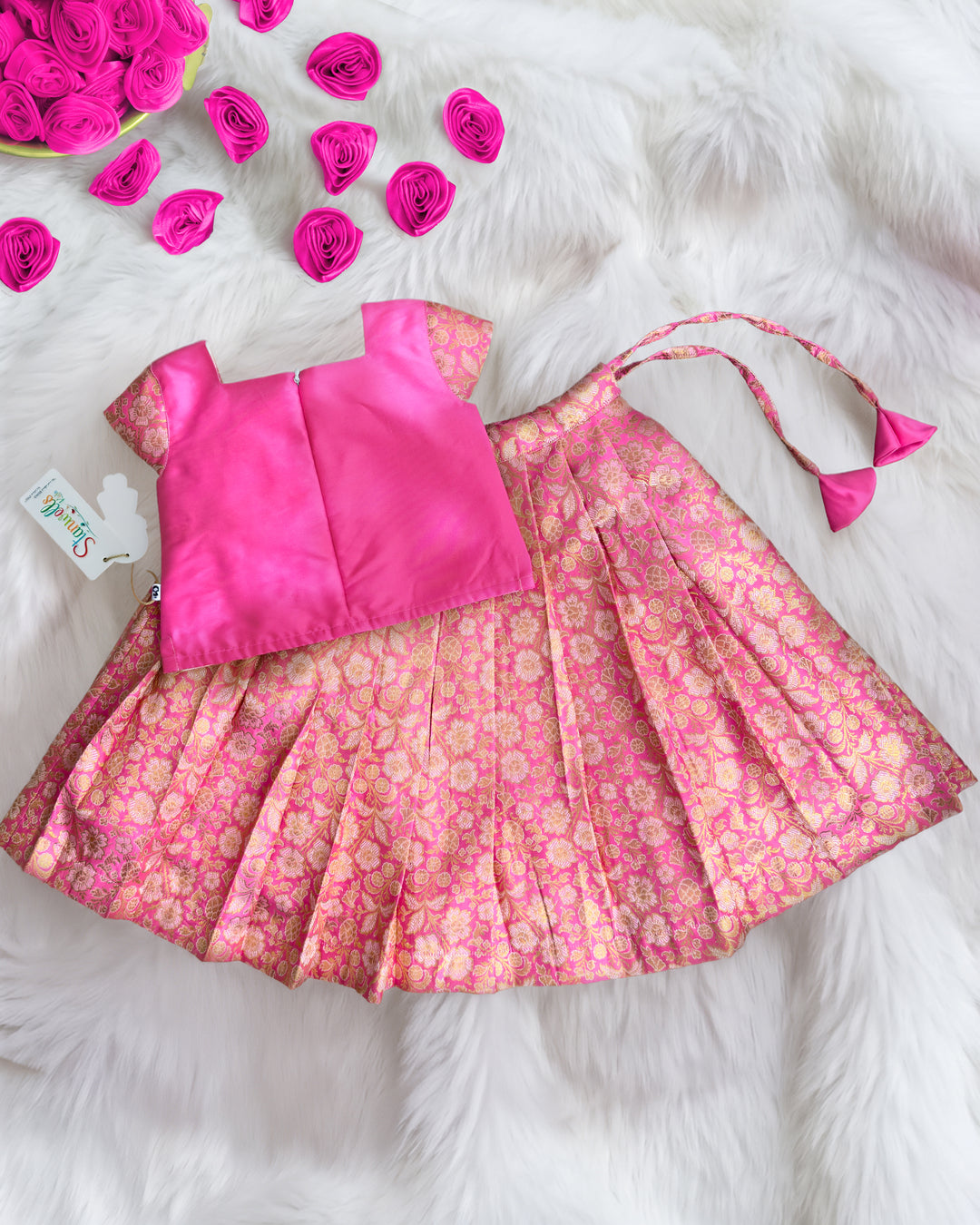 Pink Banarasi brocade silk Onam special lehenga choli for baby girl – back view, Stanwells Kids