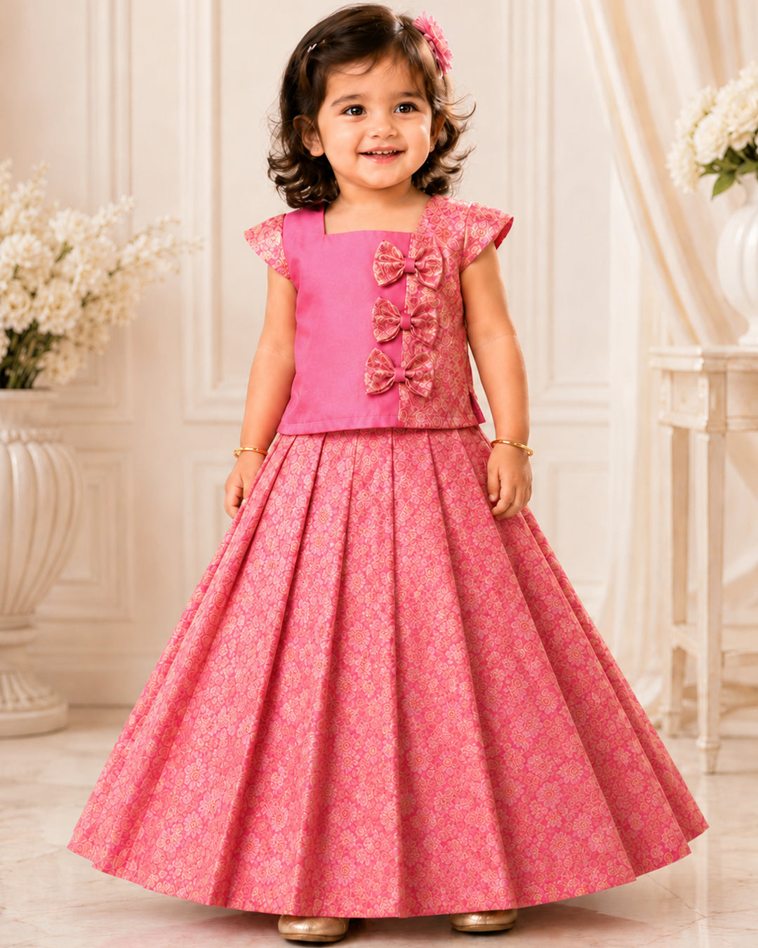Pink Banarasi brocade silk Onam special lehenga choli for baby girl – front view, Stanwells Kids