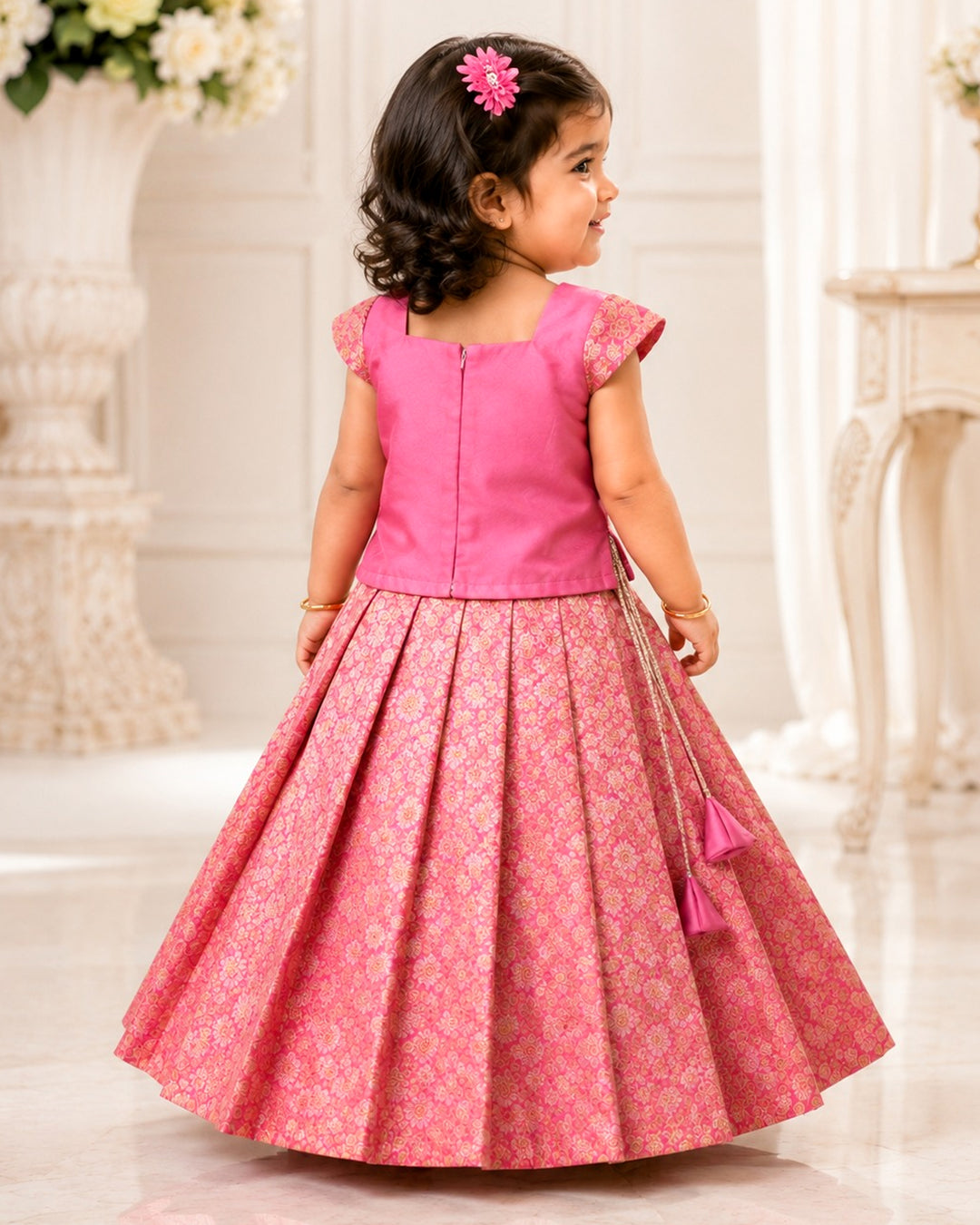 Pink Banarasi brocade silk Onam special lehenga choli for baby girl – front view, Stanwells Kids