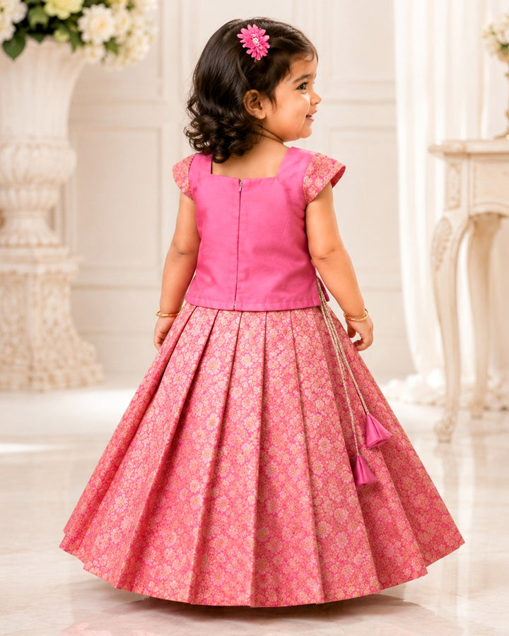 Pink Banarasi brocade silk Onam special lehenga choli for baby girl – front view, Stanwells Kids