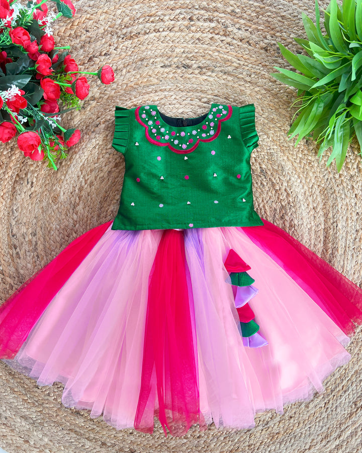 Baby girls birthday dress, multi-shades partywear skirt and top, traditional handwork, festive dress for young girls, colorful birthday dress for kids.