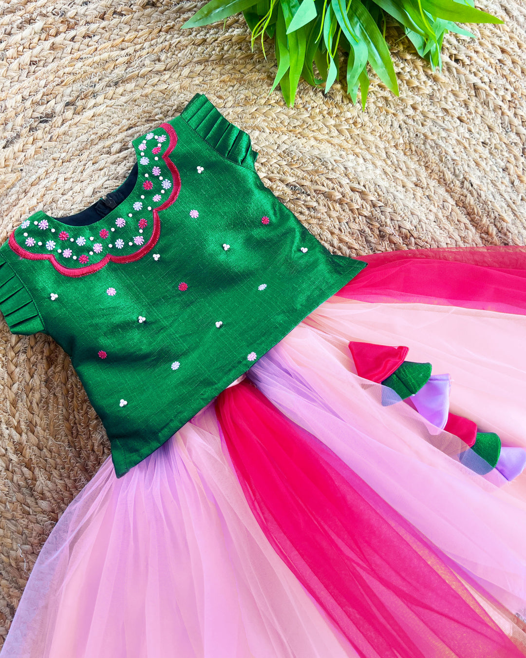 Baby girls birthday dress, multi-shades partywear skirt and top, traditional handwork, festive dress for young girls, colorful birthday dress for kids.