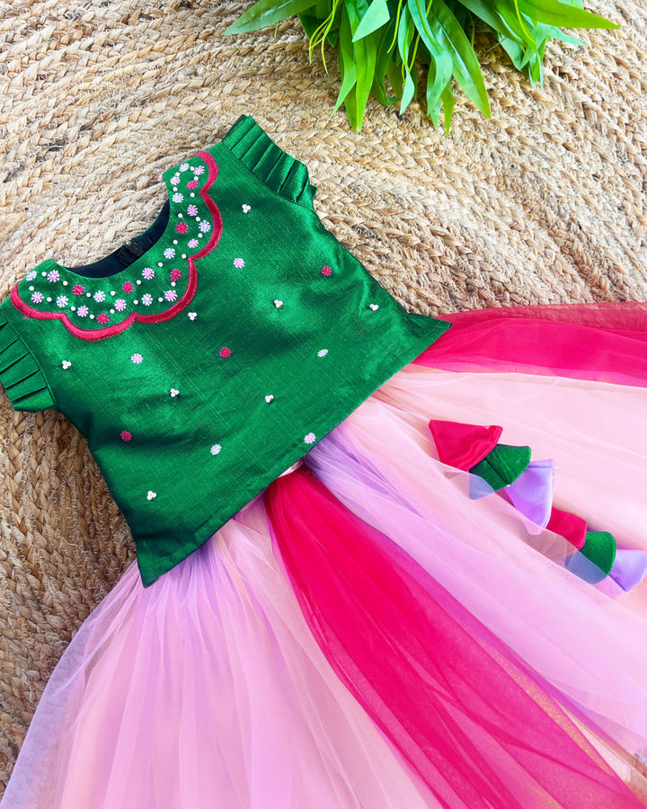 Baby girls birthday dress, multi-shades partywear skirt and top, traditional handwork, festive dress for young girls, colorful birthday dress for kids.