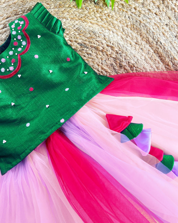 Baby girls birthday dress, multi-shades partywear skirt and top, traditional handwork, festive dress for young girls, colorful birthday dress for kids.