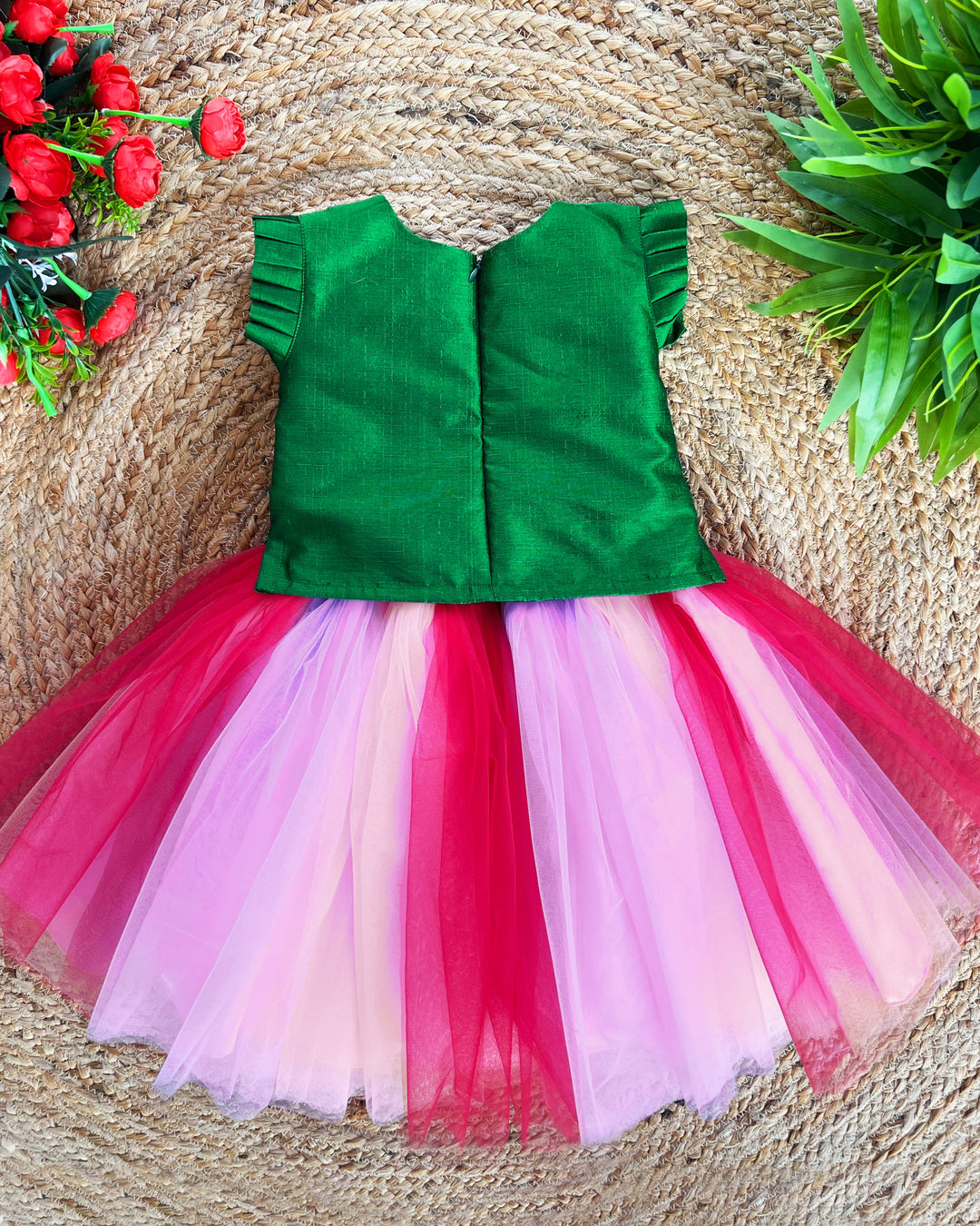 Baby girls birthday dress, multi-shades partywear skirt and top, traditional handwork, festive dress for young girls, colorful birthday dress for kids.
