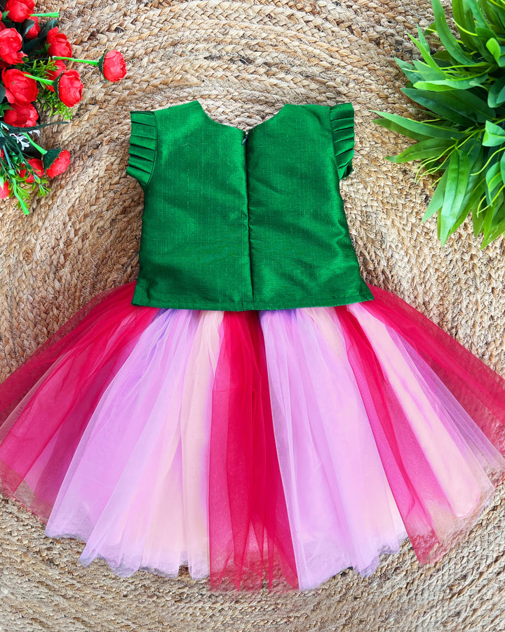 Baby girls birthday dress, multi-shades partywear skirt and top, traditional handwork, festive dress for young girls, colorful birthday dress for kids.