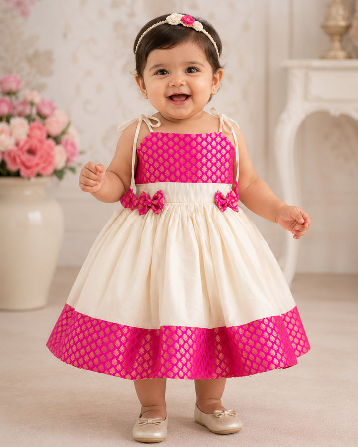 Pink brocade Onam special bow Kettuduppu frock for baby girl – Stanwells Kids
