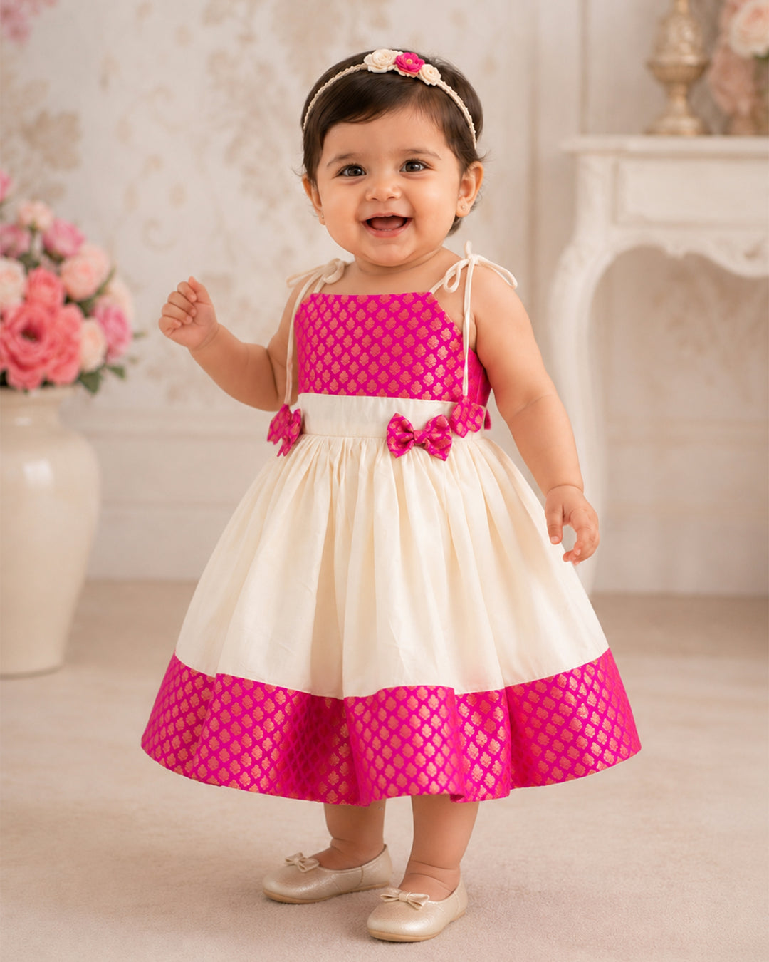 Pink brocade Onam special bow Kettuduppu frock for baby girl – Stanwells Kids