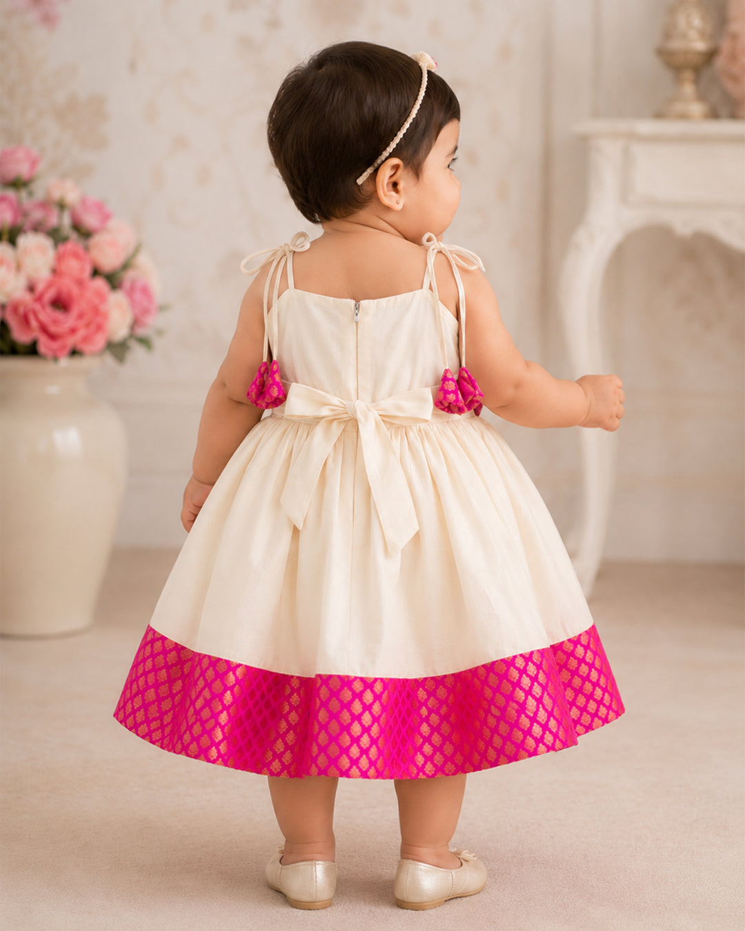 Pink brocade Onam special bow Kettuduppu frock for baby girl – Stanwells Kids
