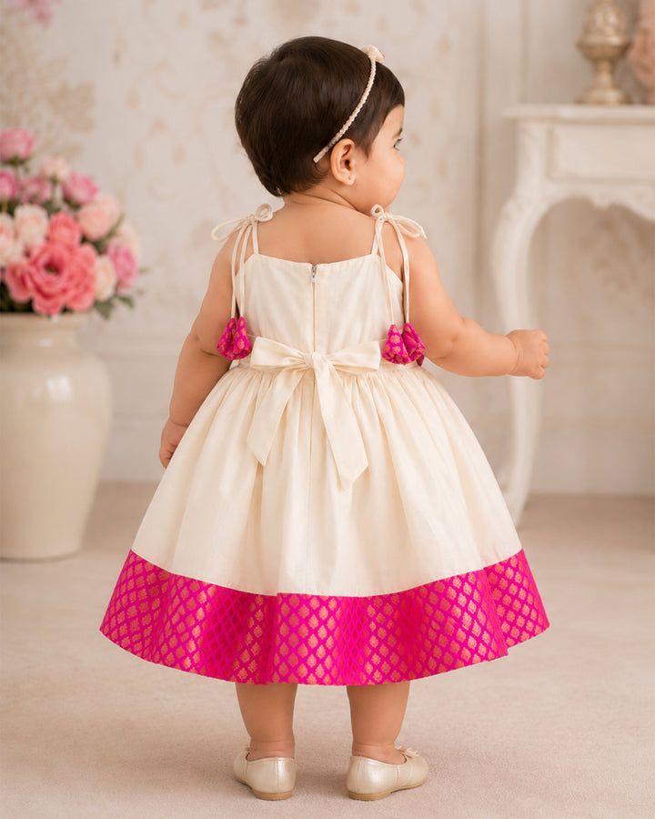 Pink brocade Onam special bow Kettuduppu frock for baby girl – Stanwells Kids