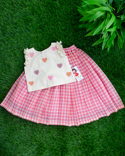 Pink and cream check pattern heart embroidery ethnic lehenga choli for baby girl – front view, Stanwells Kids