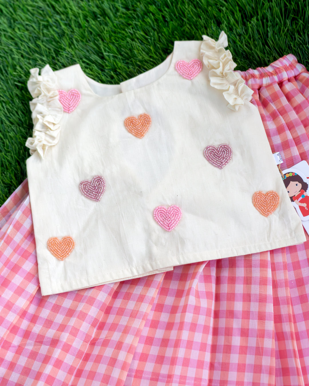 Heart handwork yoke detail on pink cream check ethnic lehenga choli – Stanwells Kids