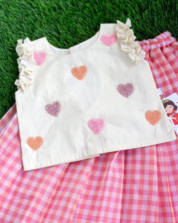 Heart handwork yoke detail on pink cream check ethnic lehenga choli – Stanwells Kids
