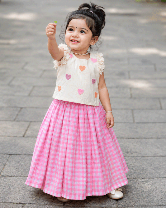Pink and cream check pattern heart embroidery ethnic lehenga choli for baby girl – front view, Stanwells Kids