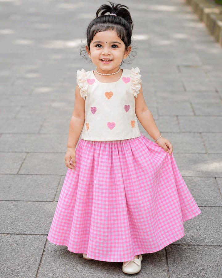 Pink and cream check pattern heart embroidery ethnic lehenga choli for baby girl – front view, Stanwells Kids