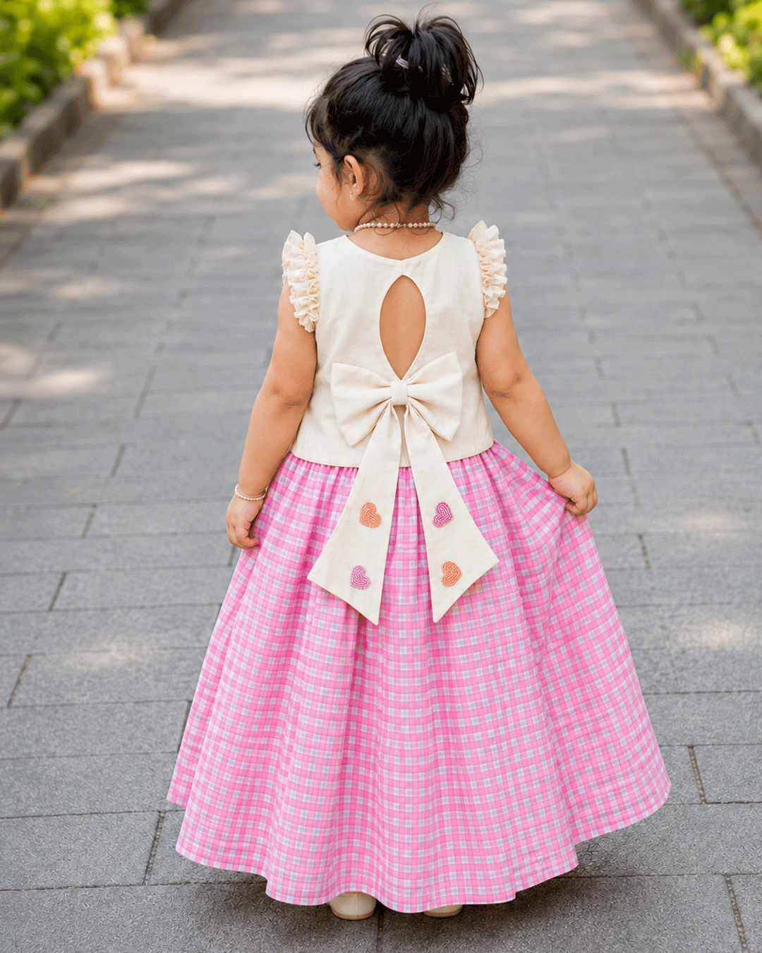 Pink and cream check pattern heart embroidery ethnic lehenga choli for baby girl – front view, Stanwells Kids